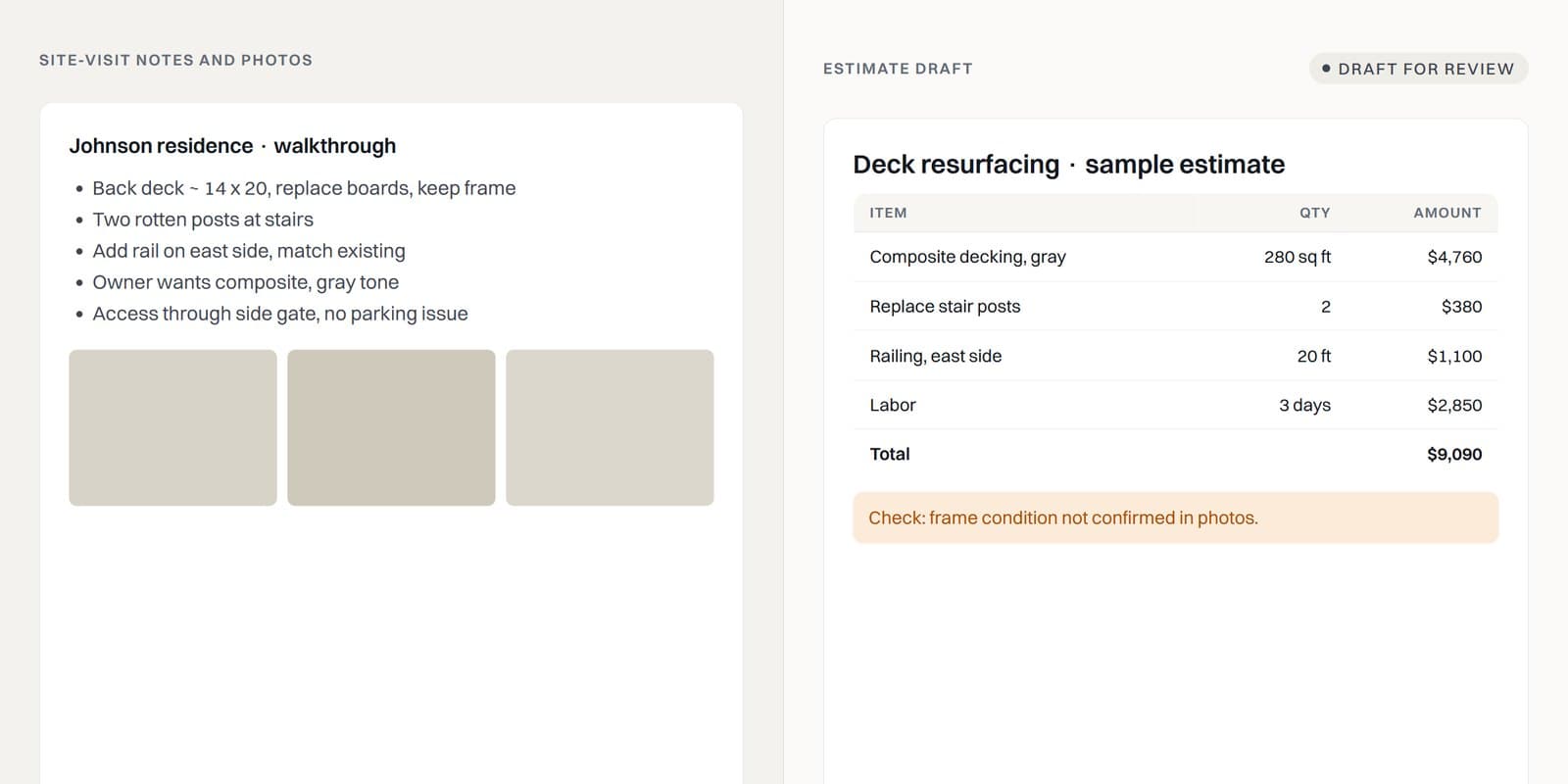 Site-visit notes turned into a draft estimate