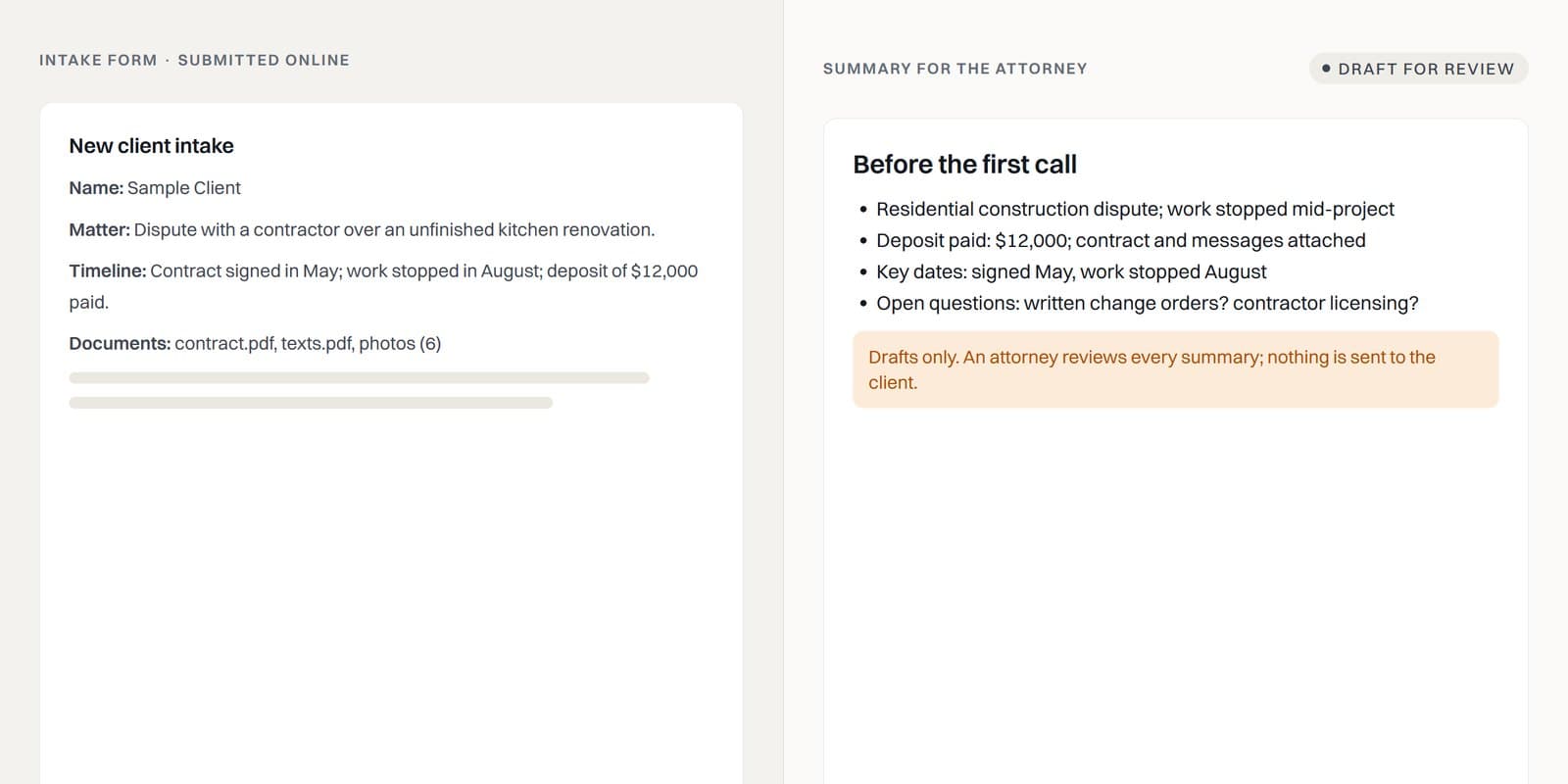 An intake form summarized for an attorney