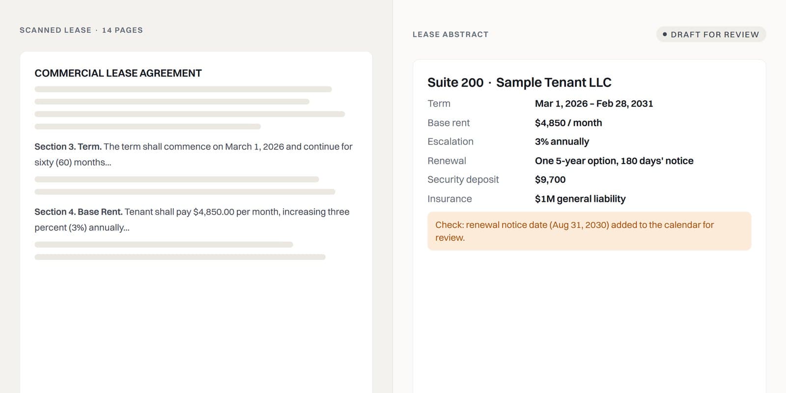 A scanned lease summarized into a lease abstract